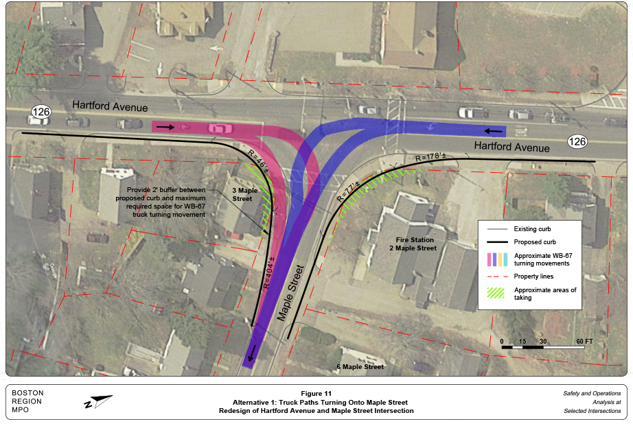 FIGURE 11. Alternative 1: Truck Paths Turning Onto Maple Street
Figure 11 shows how Alternative 1 accommodates the turning movements of a WB-20 semitrailer.
FIGURE 11. Alternative 1: Truck Paths Turning Onto Maple Street
Figure 11 shows how Alternative 1 accommodates the turning movements of a WB-20 semitrailer.